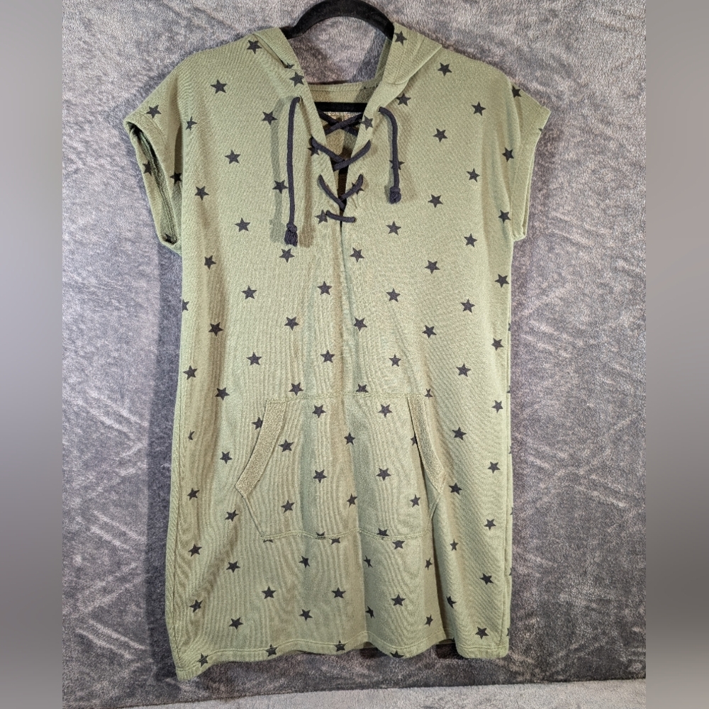 Flirtitude Juniors Size M Army Green Black Stars Tunic Hooded Dress Sleeveless